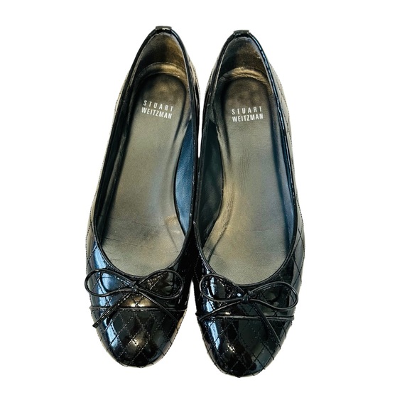 Stuart Weitzman bow quilted patent leather ballerina black flats Quilty